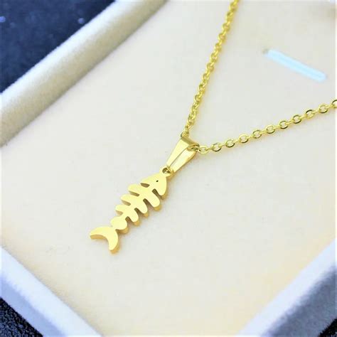 Fish Bone Fish Skeleton Stainless Steel Pendant Chain Necklace Gold