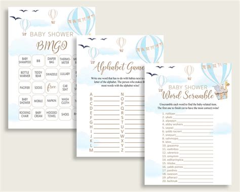 Hot Air Balloon Baby Shower Games Printable Pack Blue White Etsy