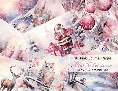 Pink Christmas Junk Journal Kit Winter Digital Papers Digi Kit Card