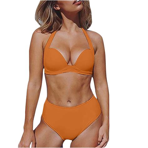 Wreesh Womens Halter Bikini Set Split Solid Steel Bikini Swimsuit Two Piece Swimsuit Beach
