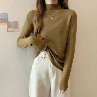 Mikiko Long Sleeve Mock Neck Plain Knit Top YesStyle