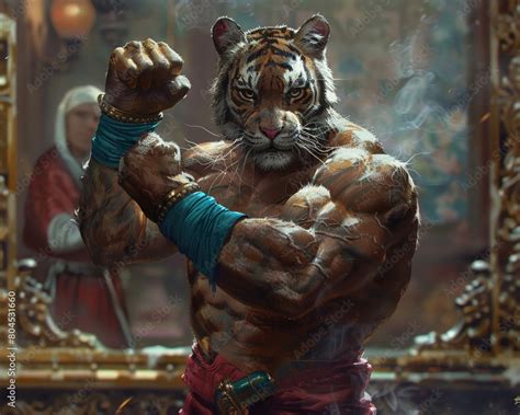 A Muscular Anthropomorphic Tiger With Its Fists Raised Ready To Fight