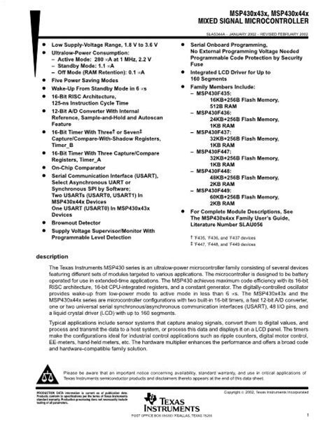 MSP430F449 Datasheet PDF文件下载 芯片资料查询 维库电子市场网