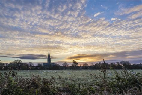 Winter Frosty Sunrise Landscape Salisbury Cathedral City In England