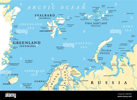 Arctic Ocean region north of mainland Europe, political map. From the ...