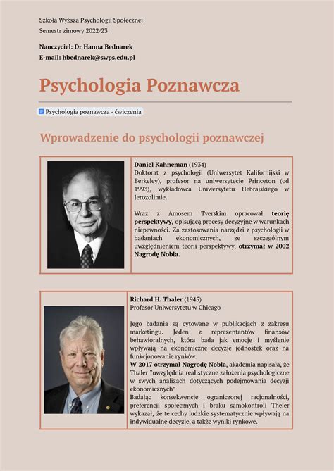 Psychologia poznawcza Szkoła Wyższa Psychologii Społecznej Semestr