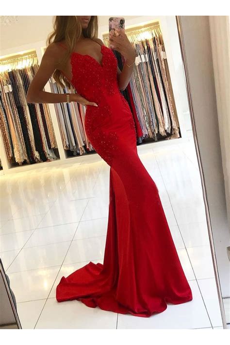 Long Red Mermaid Beaded Lace Prom Dresses Formal Evening Gowns 6011659