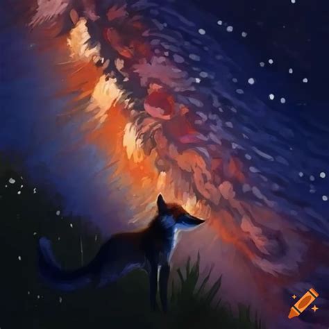 Warm Toned Painting With A Red Fox Under Starry Night On Craiyon