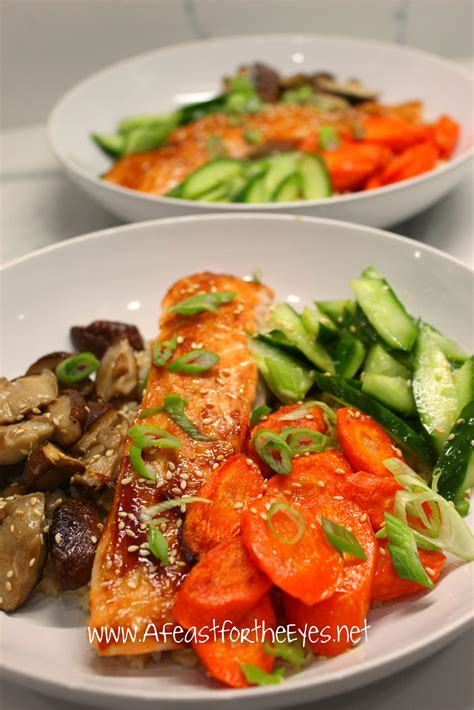 Brown Rice Bowl With Vegetables And Salmon Sheet Pan Dinner A Feast For The Eyes