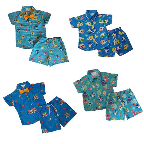 Conjunto Mauricinho Infantil Temático Baby Shark gravatinha para