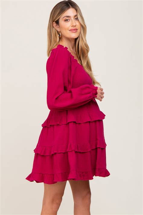 Magenta Smocked Ruffle Tiered Long Sleeve Maternity Dress Pinkblush