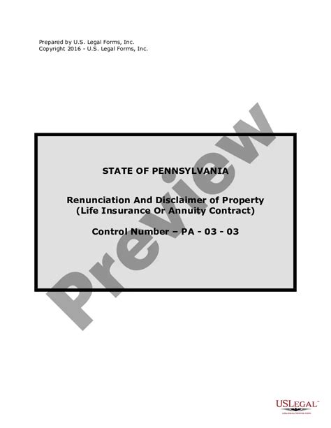 Pennsylvania Renunciation And Disclaimer Of Property From Life Insurance Or Annuity Contract