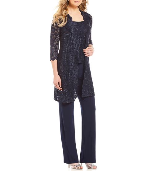 R M Richards 3 Piece Sequin Glitter Scallop Lace Duster Pant Set