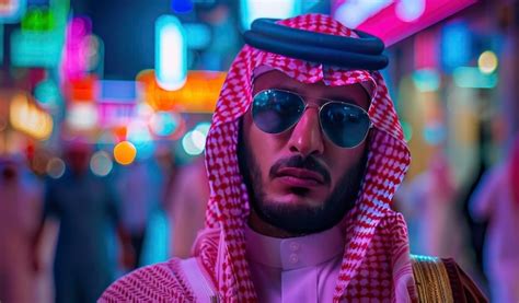 Premium Photo A Saudi Man Wearing Sunglasses And Thobe With Pink Neon