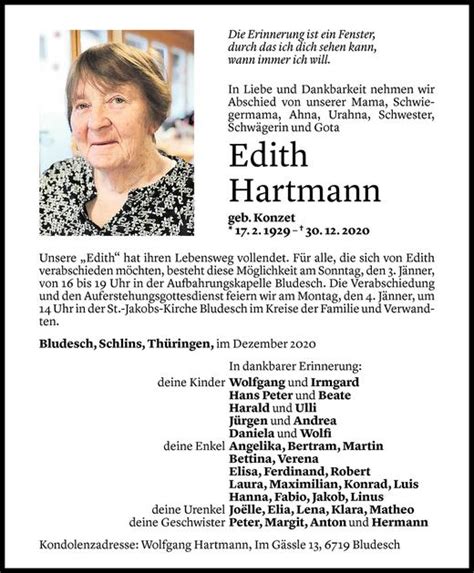 Todesanzeigen Von Edith Hartmann Todesanzeigen Vorarlberger Nachrichten