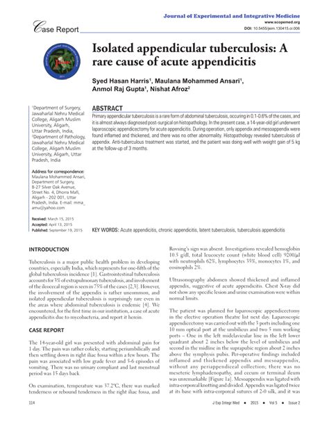 Pdf Isolated Appendicular Tuberculosis A Rare Cause Of Acute