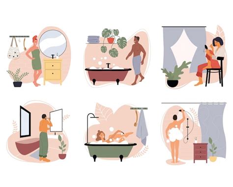 Premium Vector Set Of Vector Illustrations With People Doing Hygiene