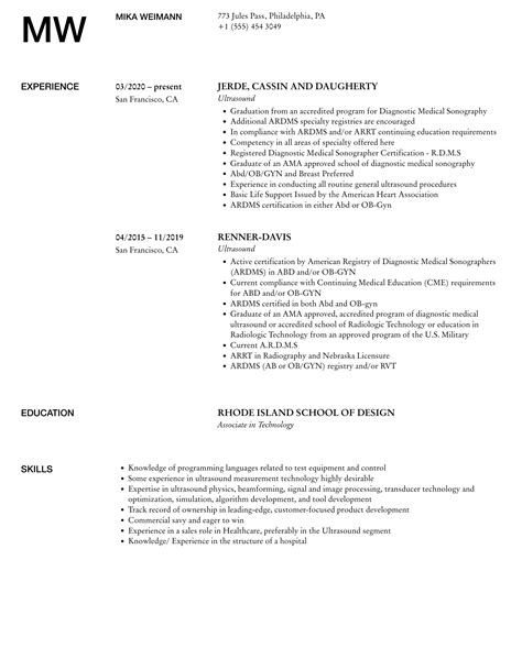 Ultrasound Resume Samples Velvet Jobs