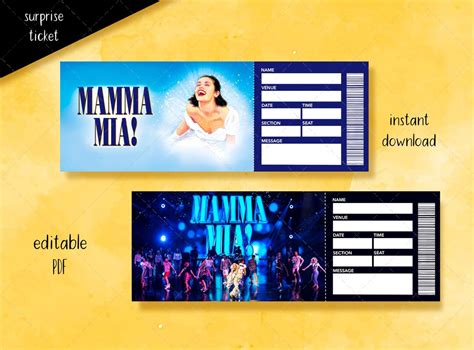 Mamma Mia Surprise Ticket Editable Pdf Printable Musical Theatre Faux