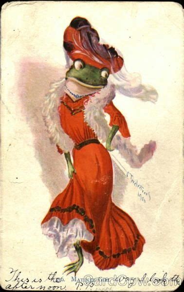 An Old Fashioned Christmas Card With A Frog In A Red Dress And White