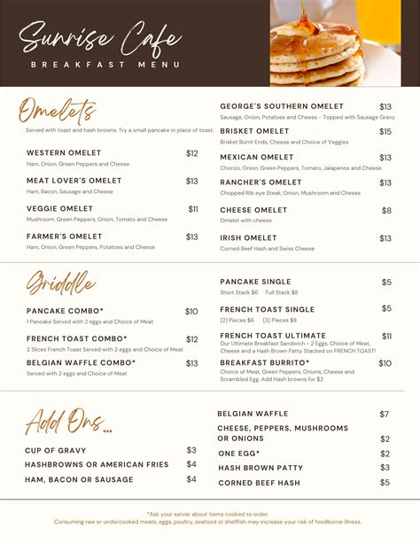 Menu Sunrise Cafe