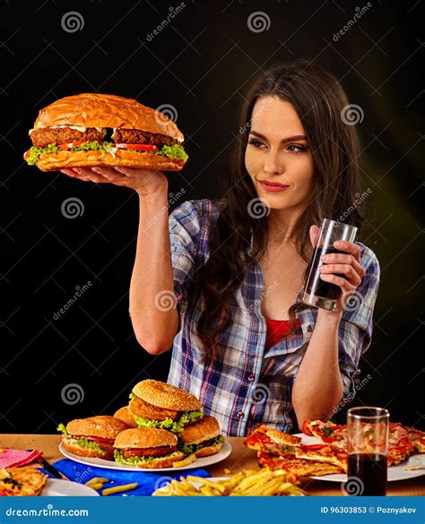 Woman Eating Hamburger Girl Bite Of Very Big Burger Stock Image