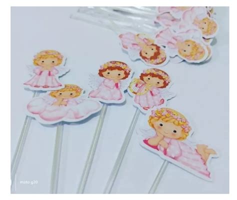 Topper Tags Plaquinha Para Doces Batizado Anjinho Rosa Elo