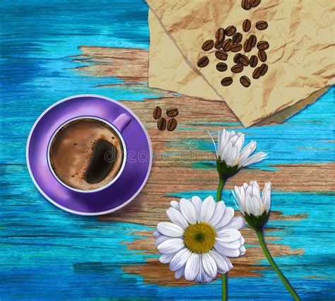 Purple Cup Of Coffee Coffee Beans And Camomile Background Illustration