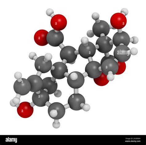 Gibberellic acid (gibberellin A3, GA3) plant hormone molecule. 3D rendering. Atoms are ...