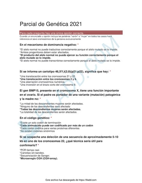 Parcial de Genetica 2021 Parcial de Genética 2021 Para cada pregunta