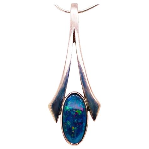 Arts And Crafts Opal Necklace Sterling Blue Opal Pendant W Sterling Silver Chain At 1stdibs