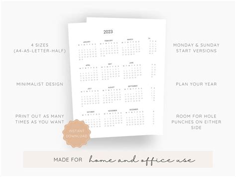 2023 Yearly Calendar Printable Year At A Glance Minimalist Etsy