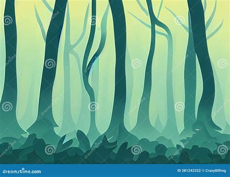 Abstract Cartoon Style Illustration Of Misty Foggy Forest Created With