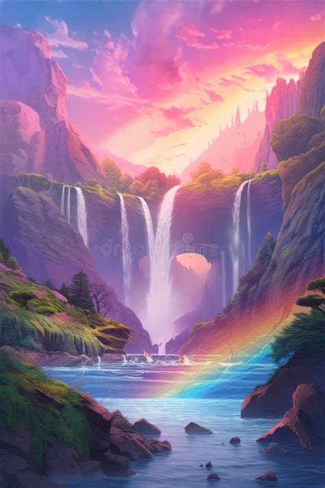 Fantasy Landscape With Rainbow Waterfalls And Mountains Created Using