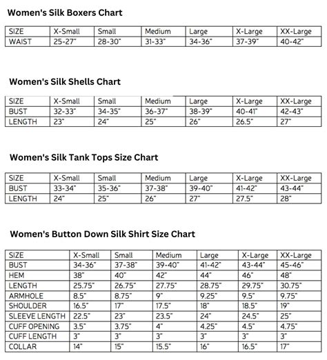 Mens And Womens Size Charts For Royal Silk® Clothing