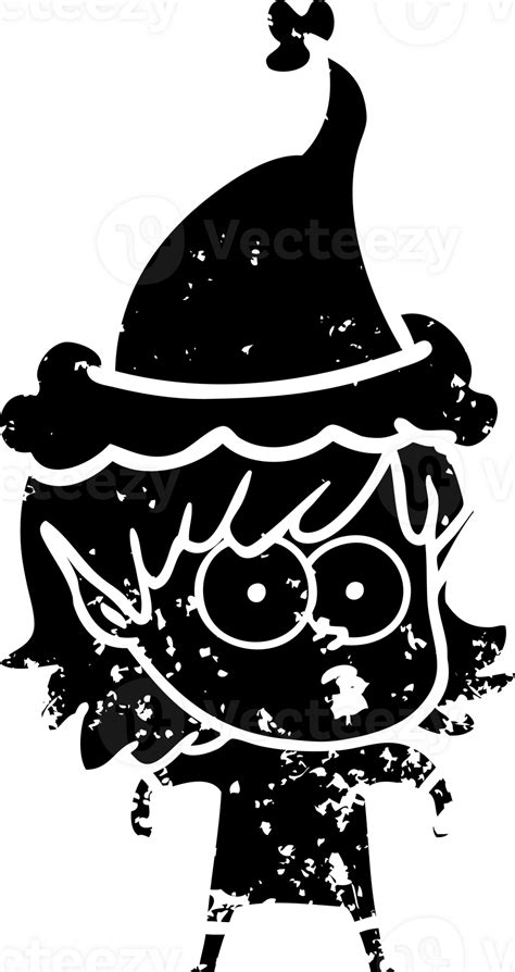 Hand Drawn Line Drawing Of A Elf Girl Staring Wearing Santa Hat Distressed Icon 45439940 Png