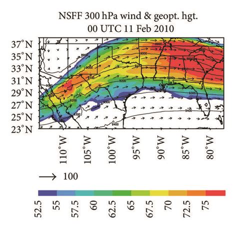 Simulated 12 km 300 hPa wind m s¹ and geopotential height in gpm