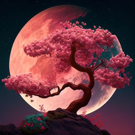 Premium Photo | Cherry blossom sakura trees and full moon illustration