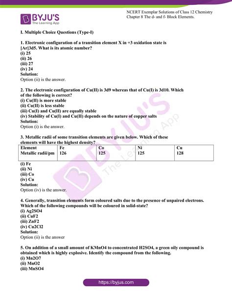 NCERT Exemplar Class 12 Chemistry Solutions Chapter 8 D Block And F