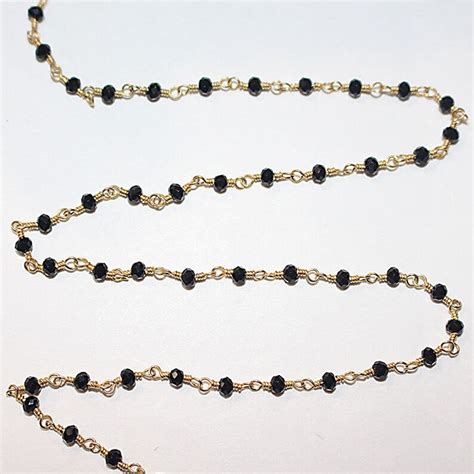 Black Spinel 2mm Beaded Handmade Rosary Chain 24k Gold Plated Over