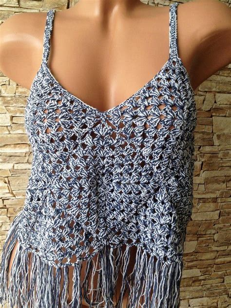 Crochet Fringe Top Granny Square Crochet Flax Top Denim Gray Boho