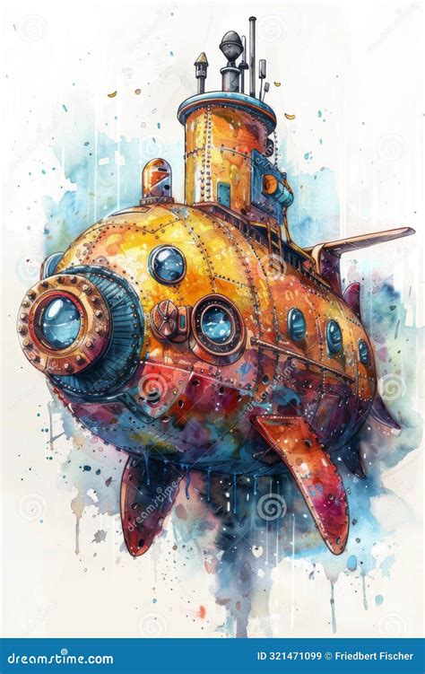 Steampunk Submarine Fantasy Illustration - Vibrant Watercolor Art for ...