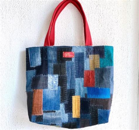 Denim Patchwork Bag Xl Shopping Big Boro Shopper Market Bag Repurposed