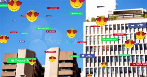 Image Of Falling Social Media Icons And Emojis Over Cityscape Stock