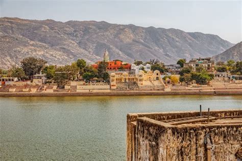 holy pushkar lake  bathing ghats rajasthan india stock photo