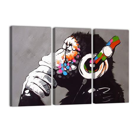 Quadri Banksy 3 Pezzi Gorilla DJ Cm 113x70 Stampa Su Tela