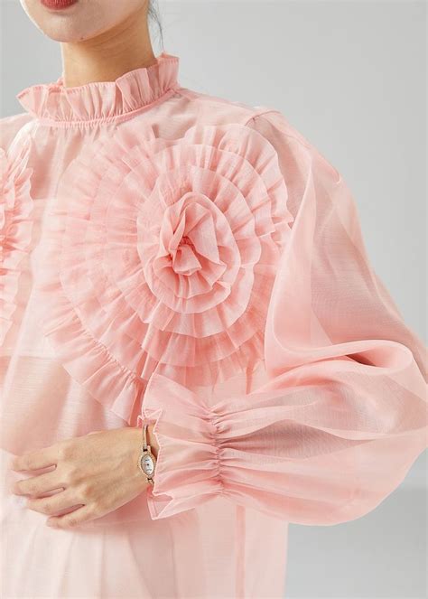 Elegant Pink Ruffled Floral Chiffon Blouses Summer In 2024 Chiffon Blouse Floral Chiffon