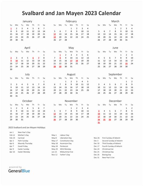 Yearly Calendar Printable With Svalbard And Jan Mayen Holidays