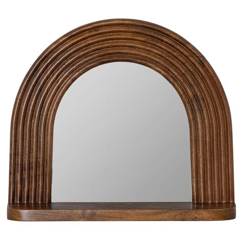 Evan Walnut Finished Mango Wood Arched Wall Mirror With Shelf