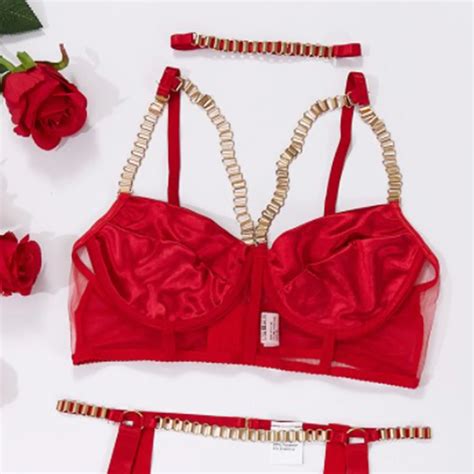 Sexy Erotic Lingerie Set Women Metal Chain Hollow Out Underwear Bra And